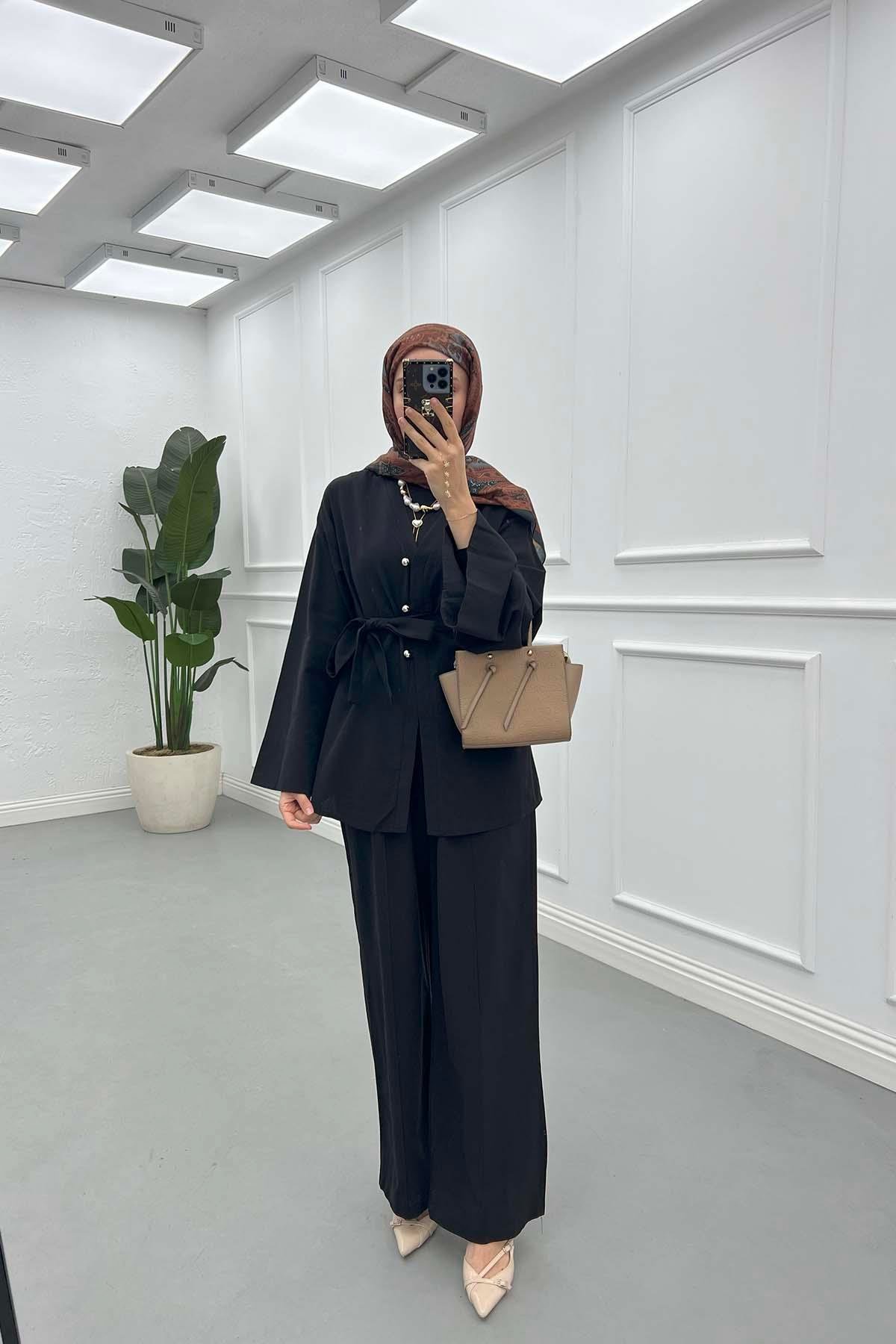 Sare Fashion Tie Detail Belted Suit Black