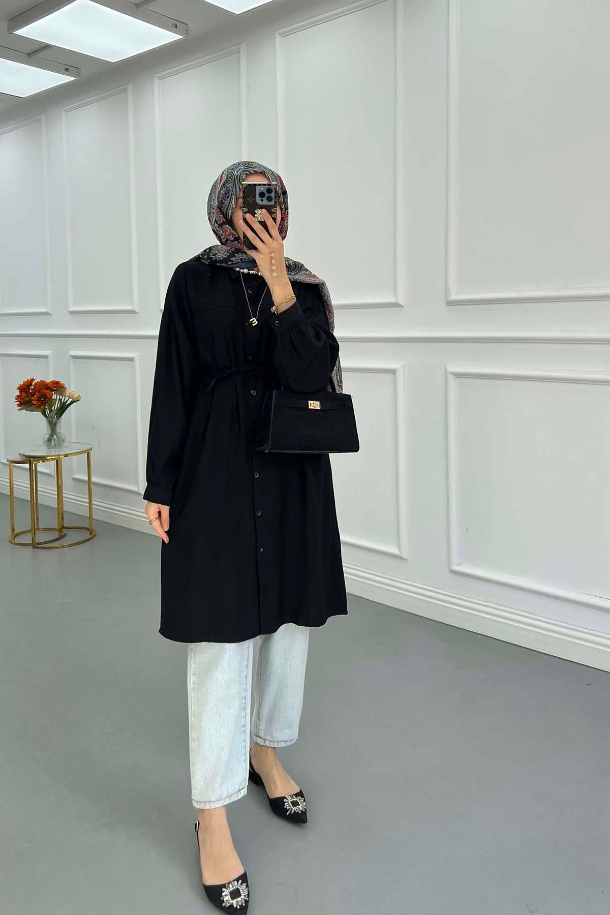 Sare Fashion Tied Strawberry Long Shirt Black