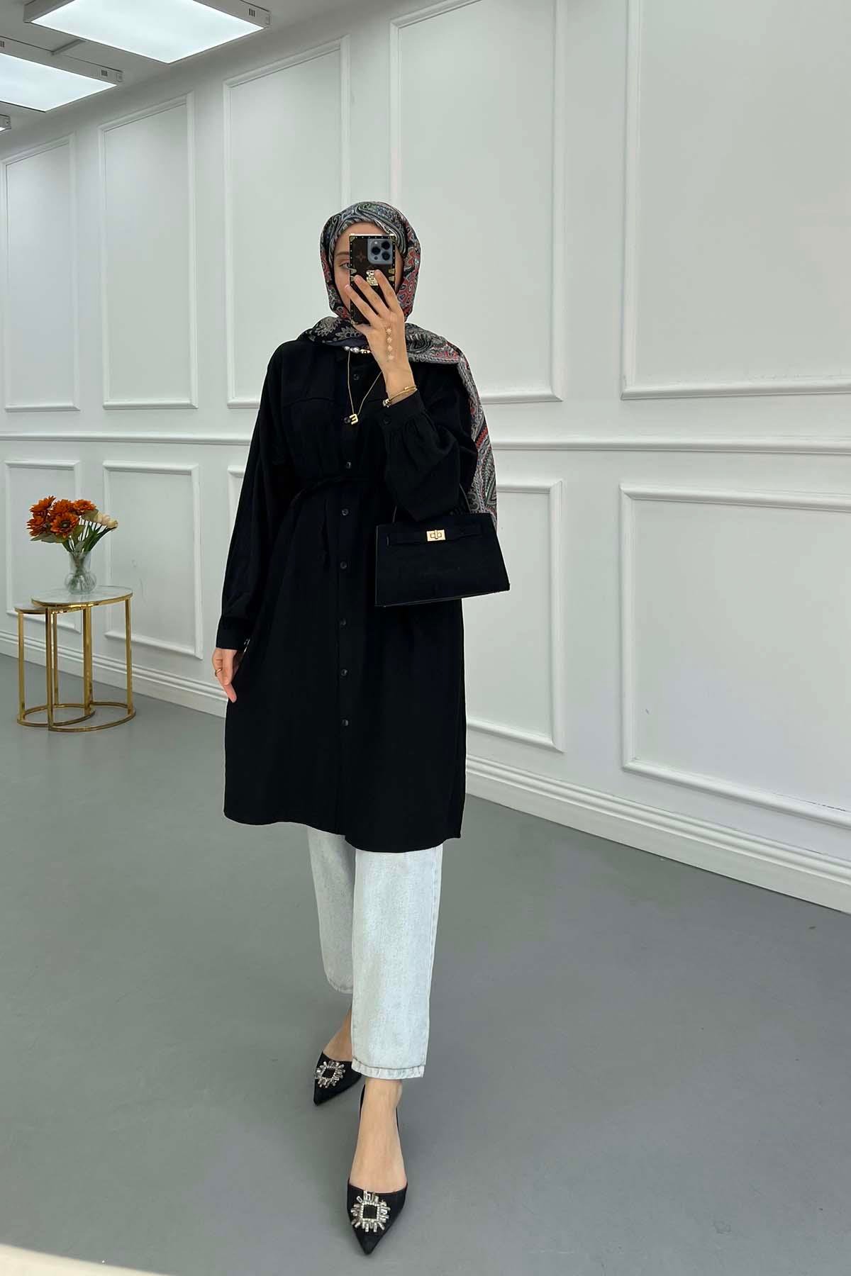 Sare Fashion Tied Strawberry Long Shirt Black