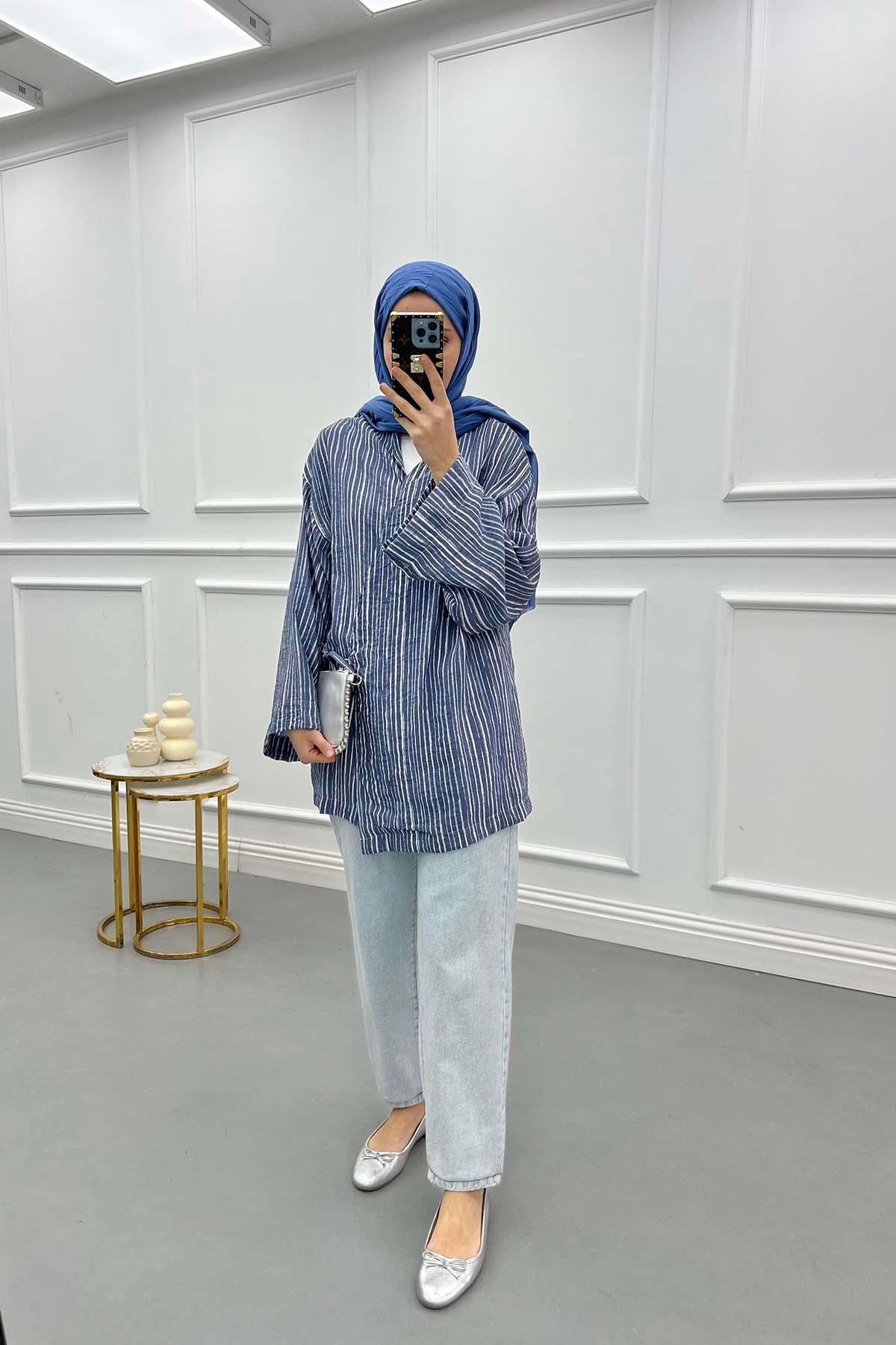 Tied Striped Kimono Navy Blue