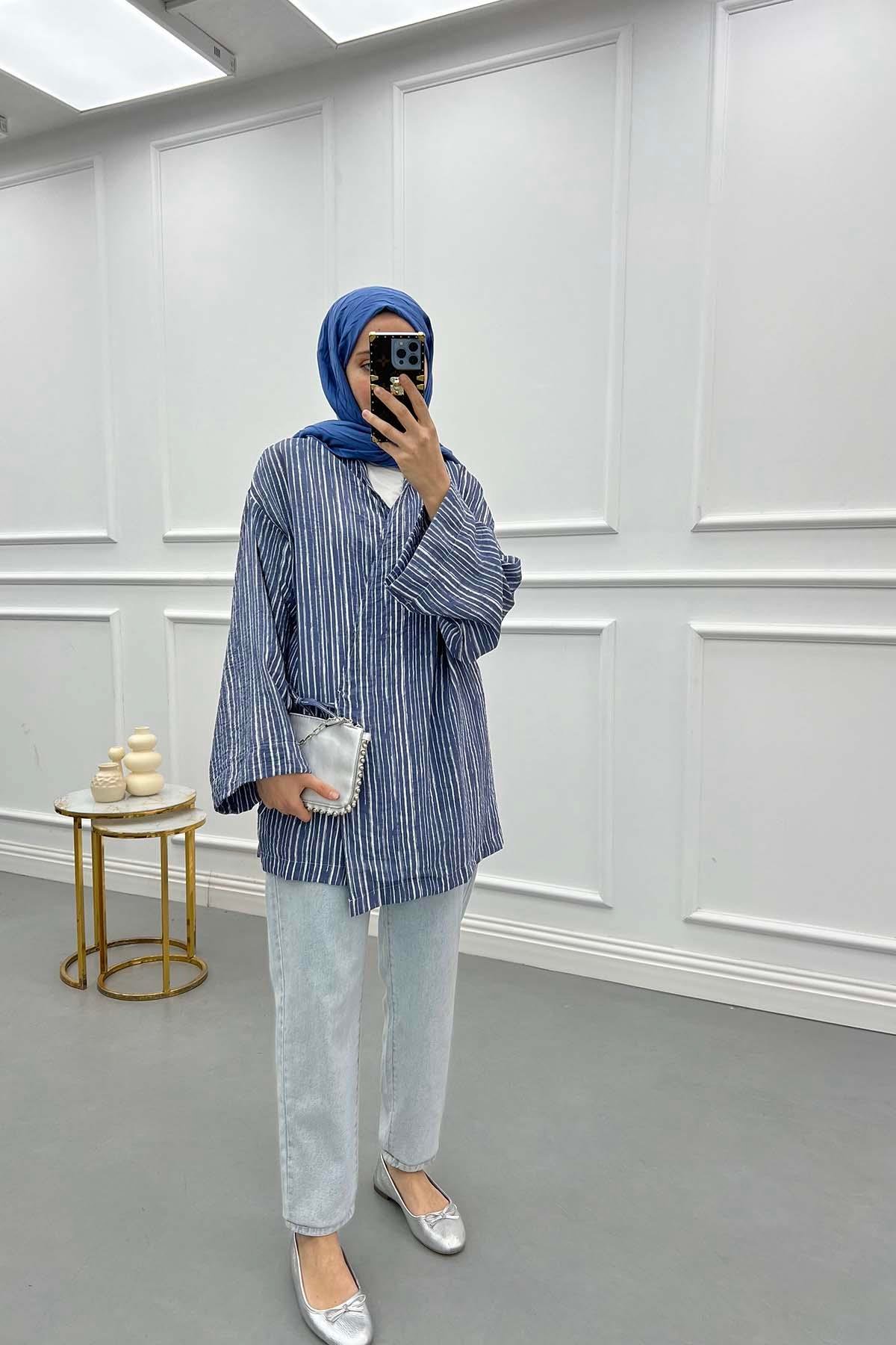 Tied Striped Kimono Navy Blue