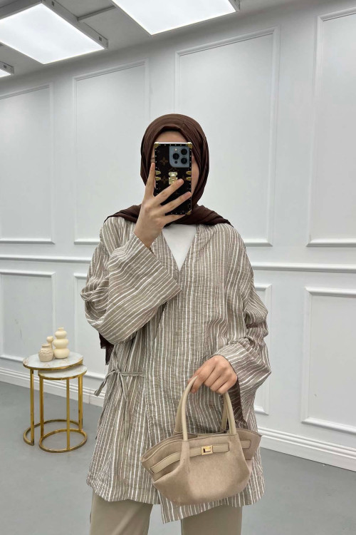 Tied Striped Kimono Milk Coffee