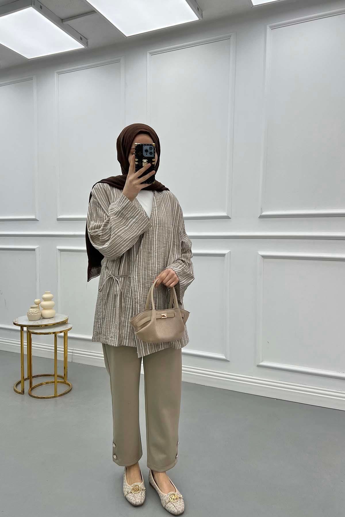 Tied Striped Kimono Milk Coffee