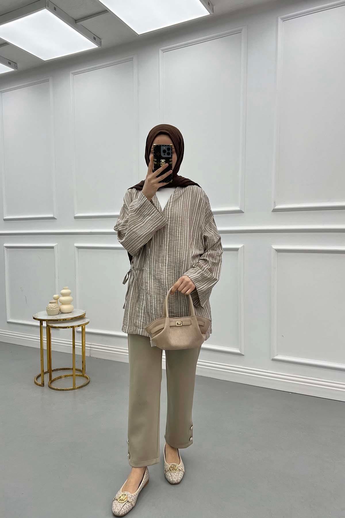 Tied Striped Kimono Milk Coffee