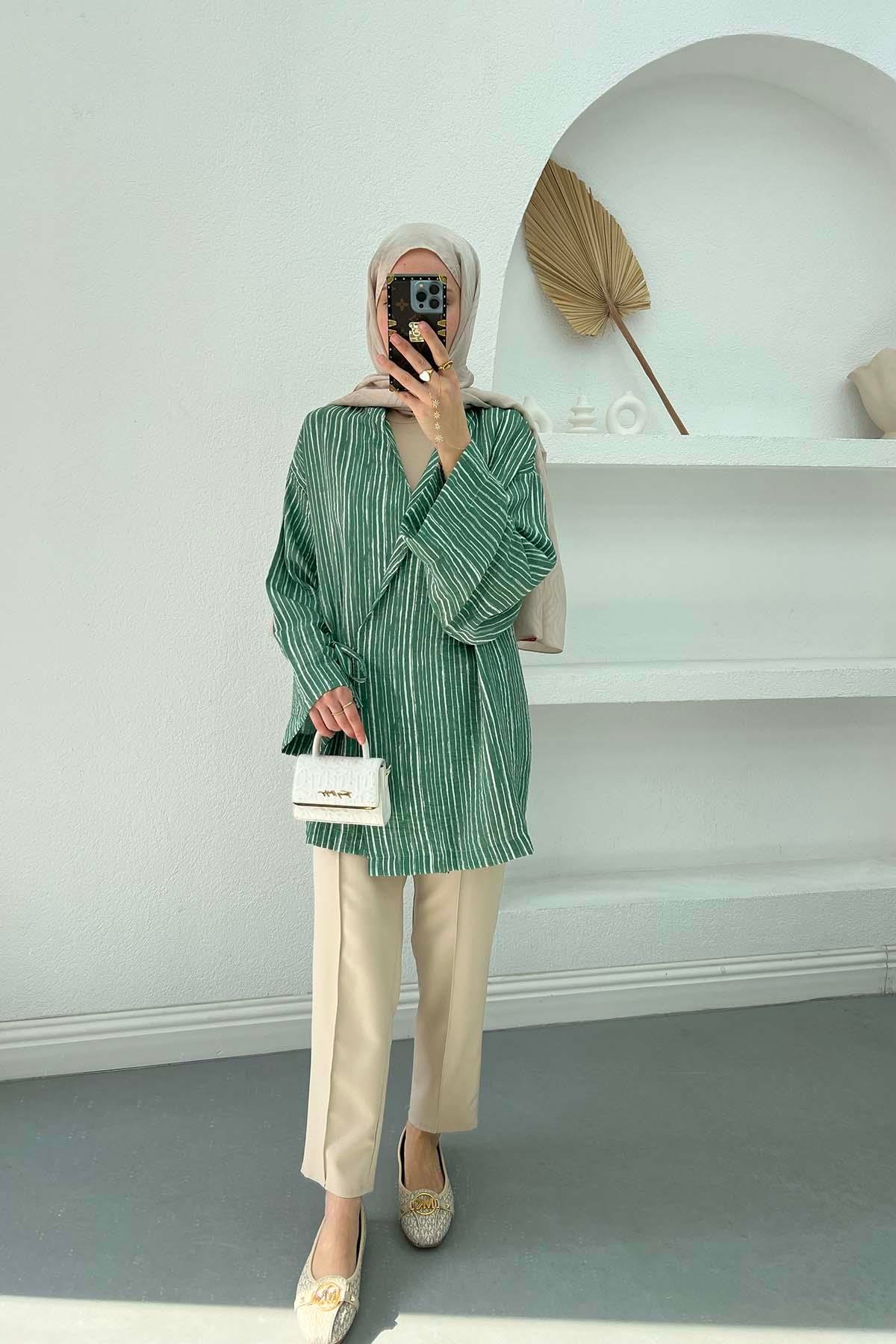 Tie-Up Striped Kimono Emerald Green