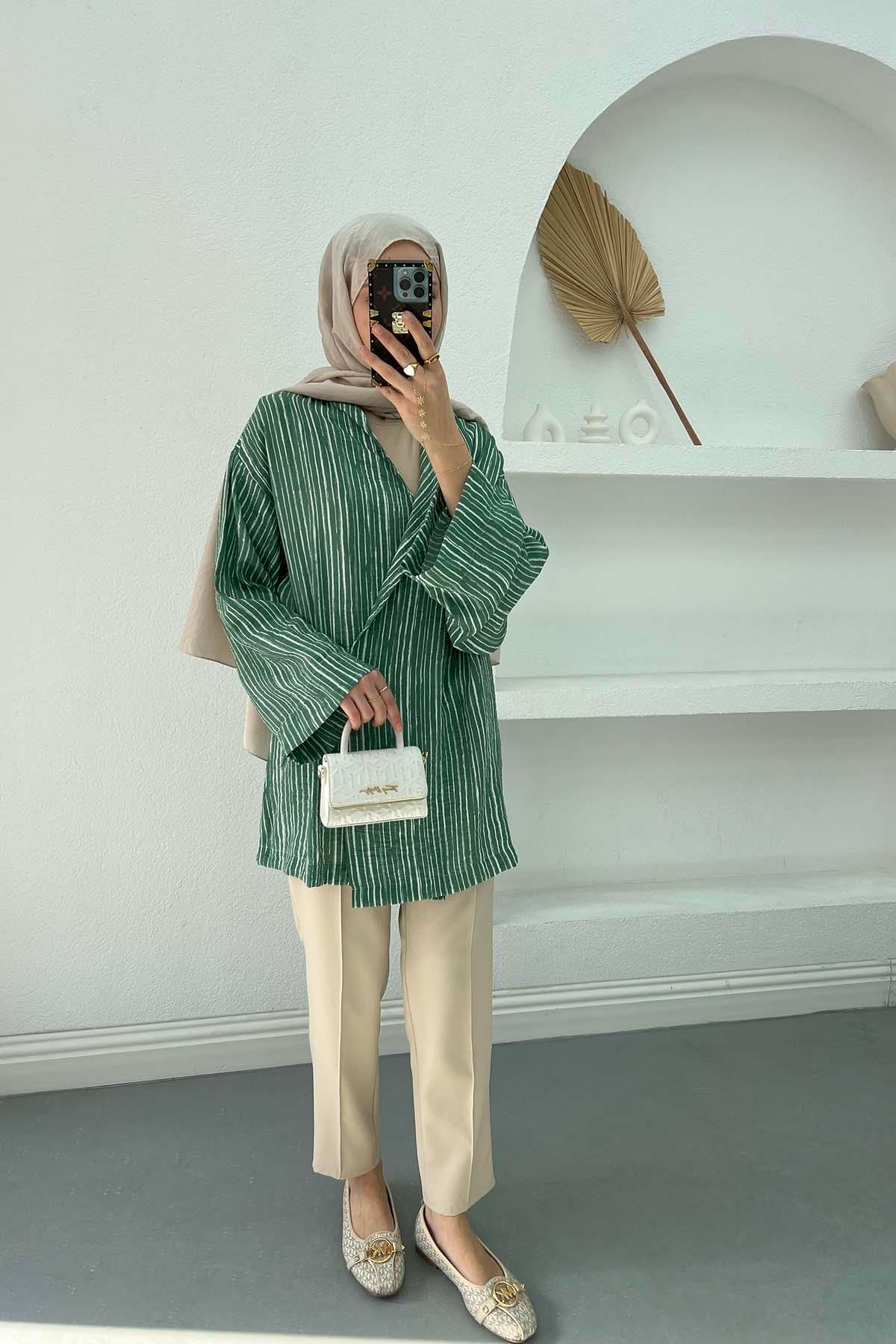 Tie-Up Striped Kimono Emerald Green