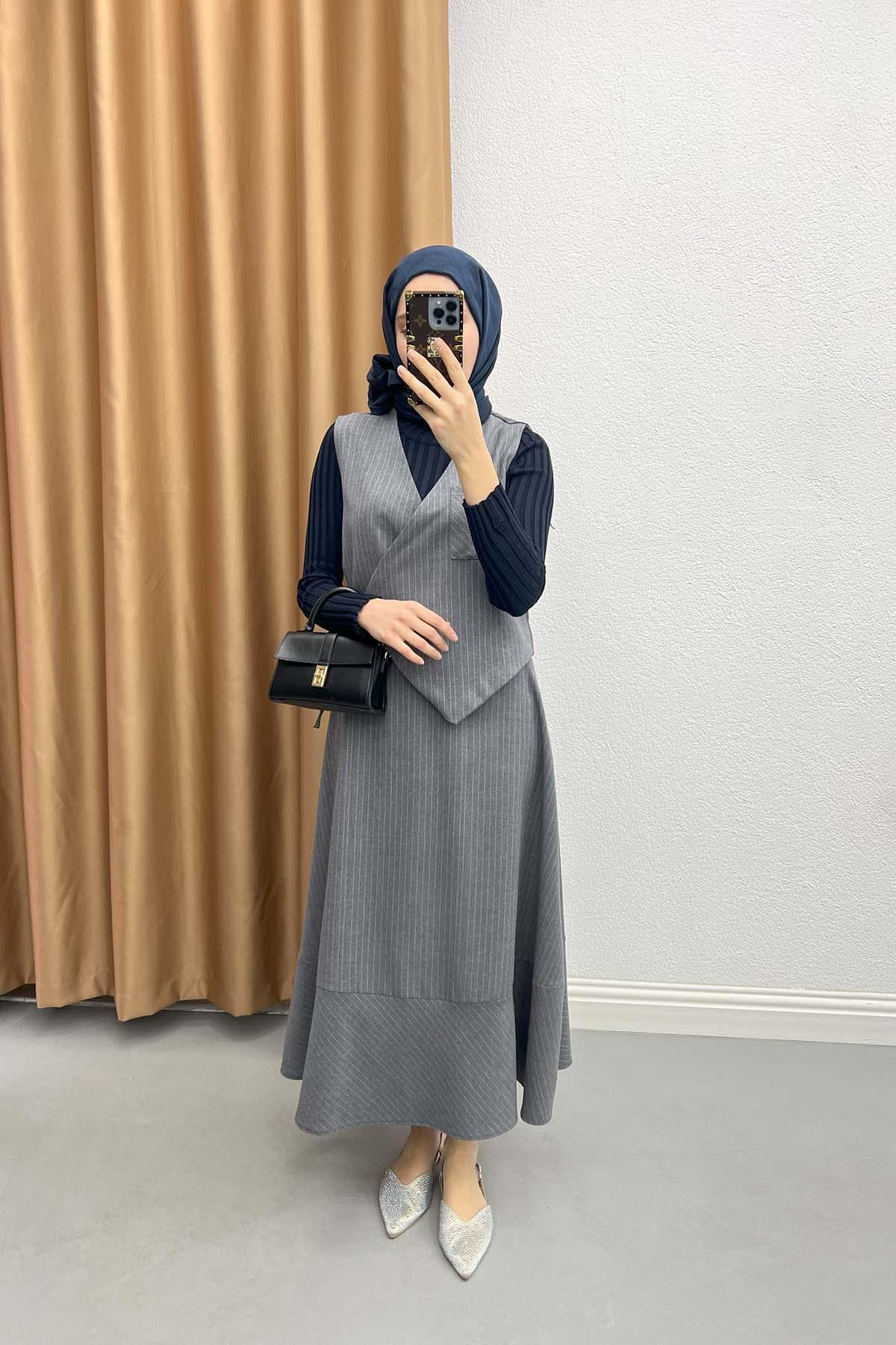 Tied Striped Vest Set Dark-Grey