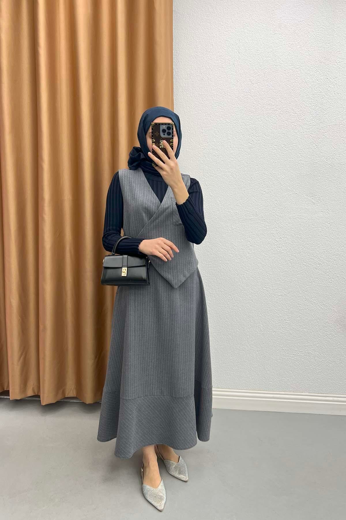 Tied Striped Vest Set Dark-Grey