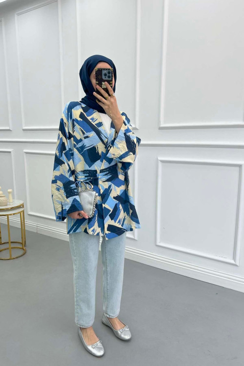 Tied Patterned Kimono Navy Blue
