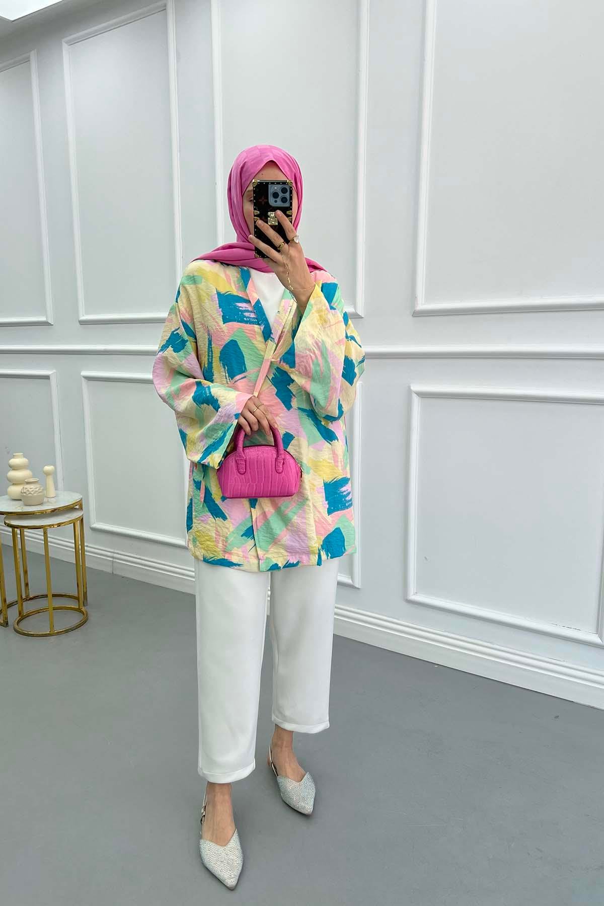 Tied Patterned Kimono Pink