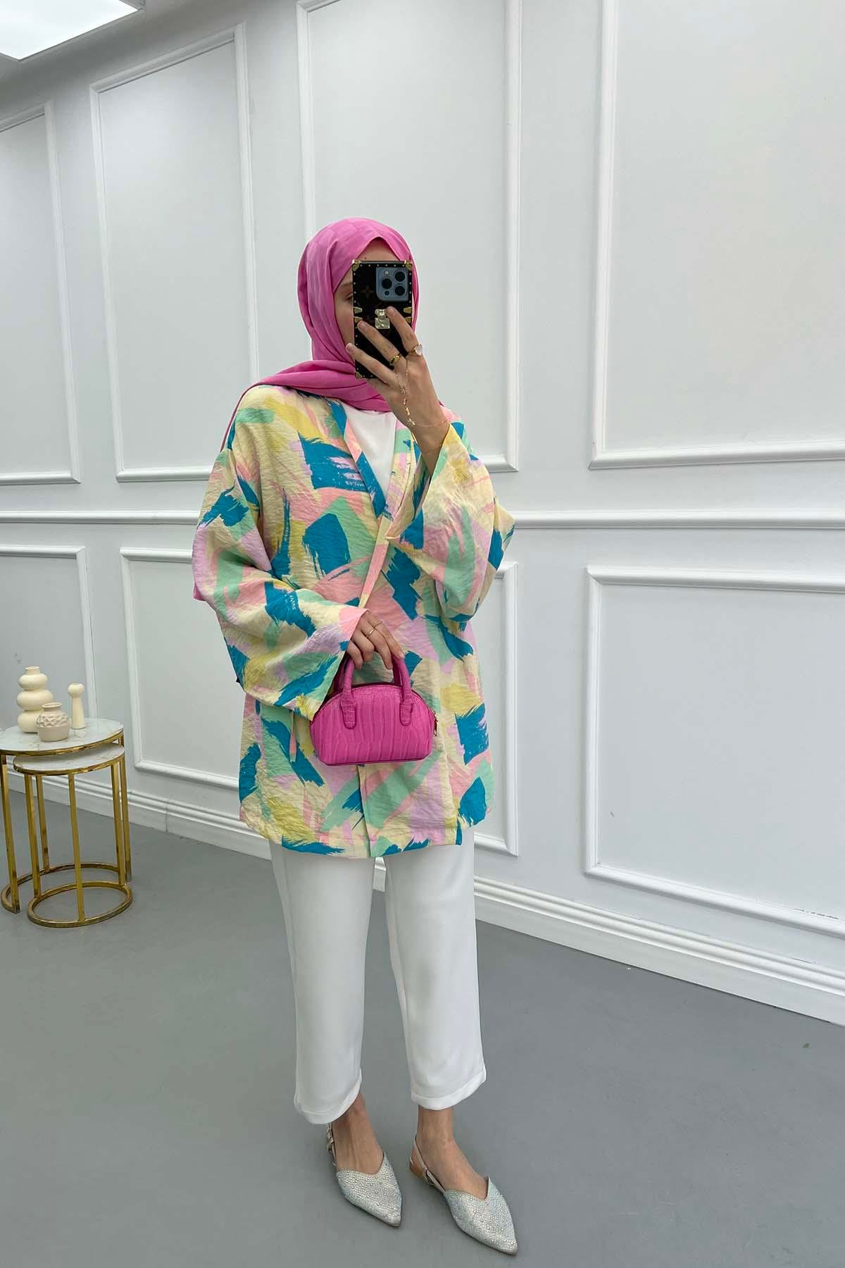 Tied Patterned Kimono Pink