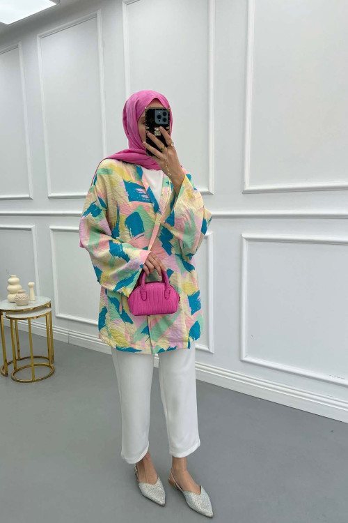 Tied Patterned Kimono Pink