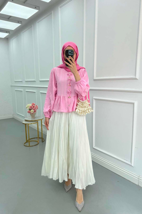 Sare Fashion Tie Button Detailed Shirt Pink