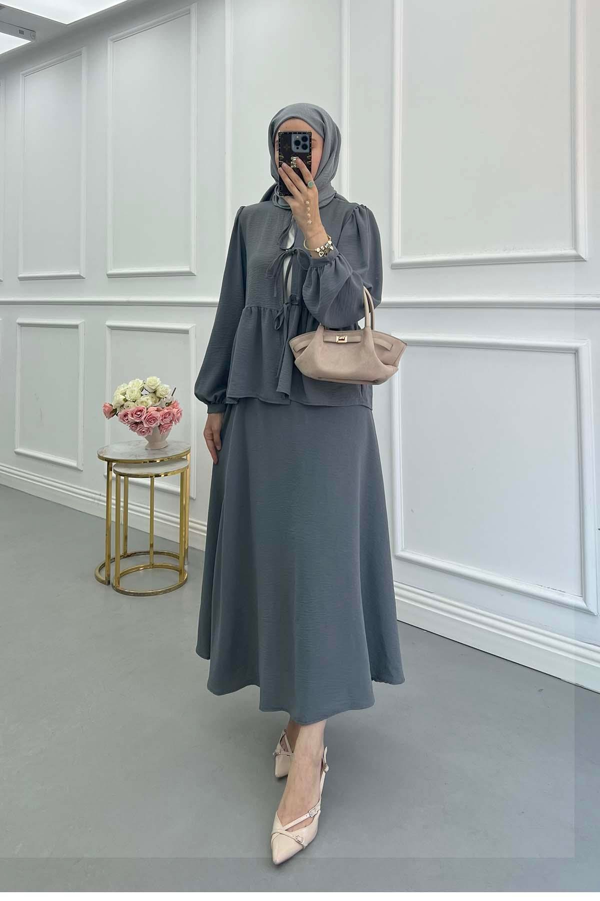 Sare Fashion Tied Skirt Suit Gray