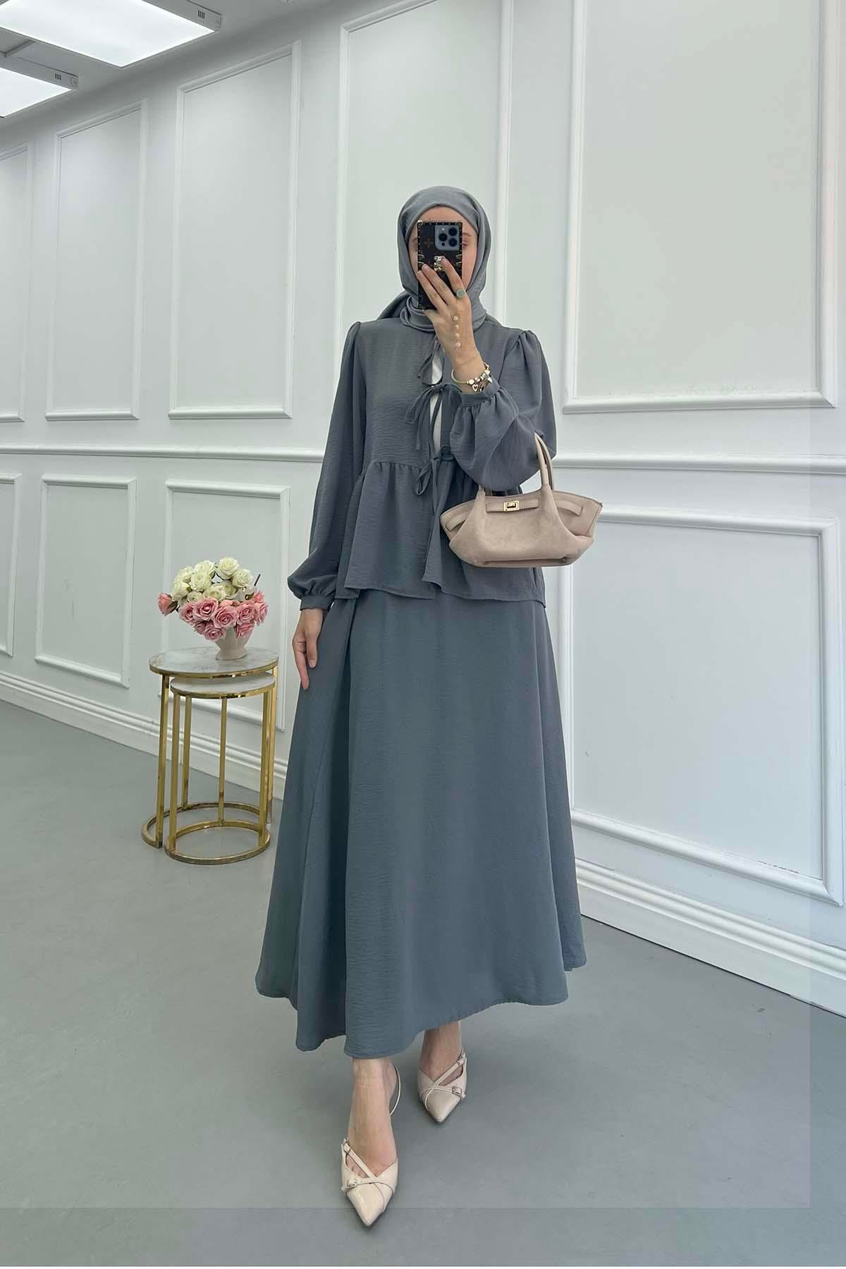 Sare Fashion Tied Skirt Suit Gray