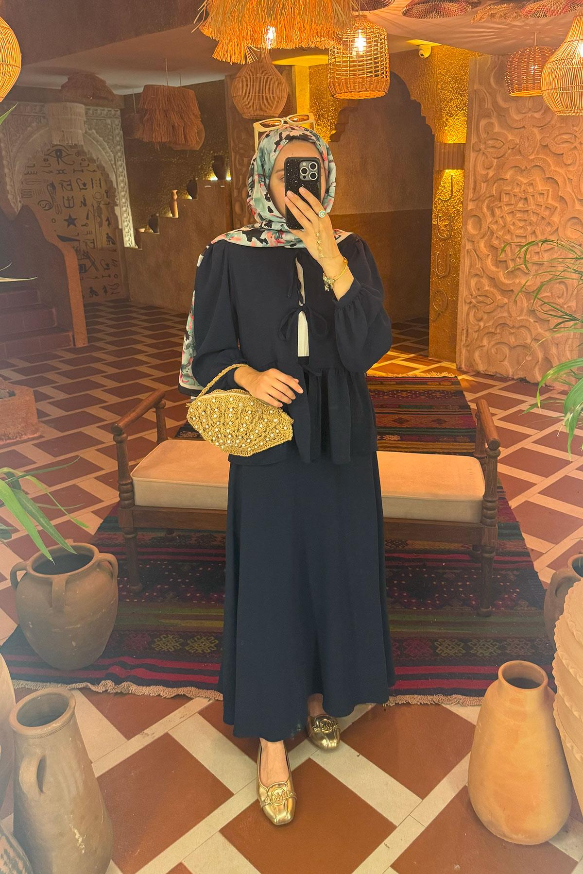 Sare Fashion Tied Skirt Suit Navy Blue