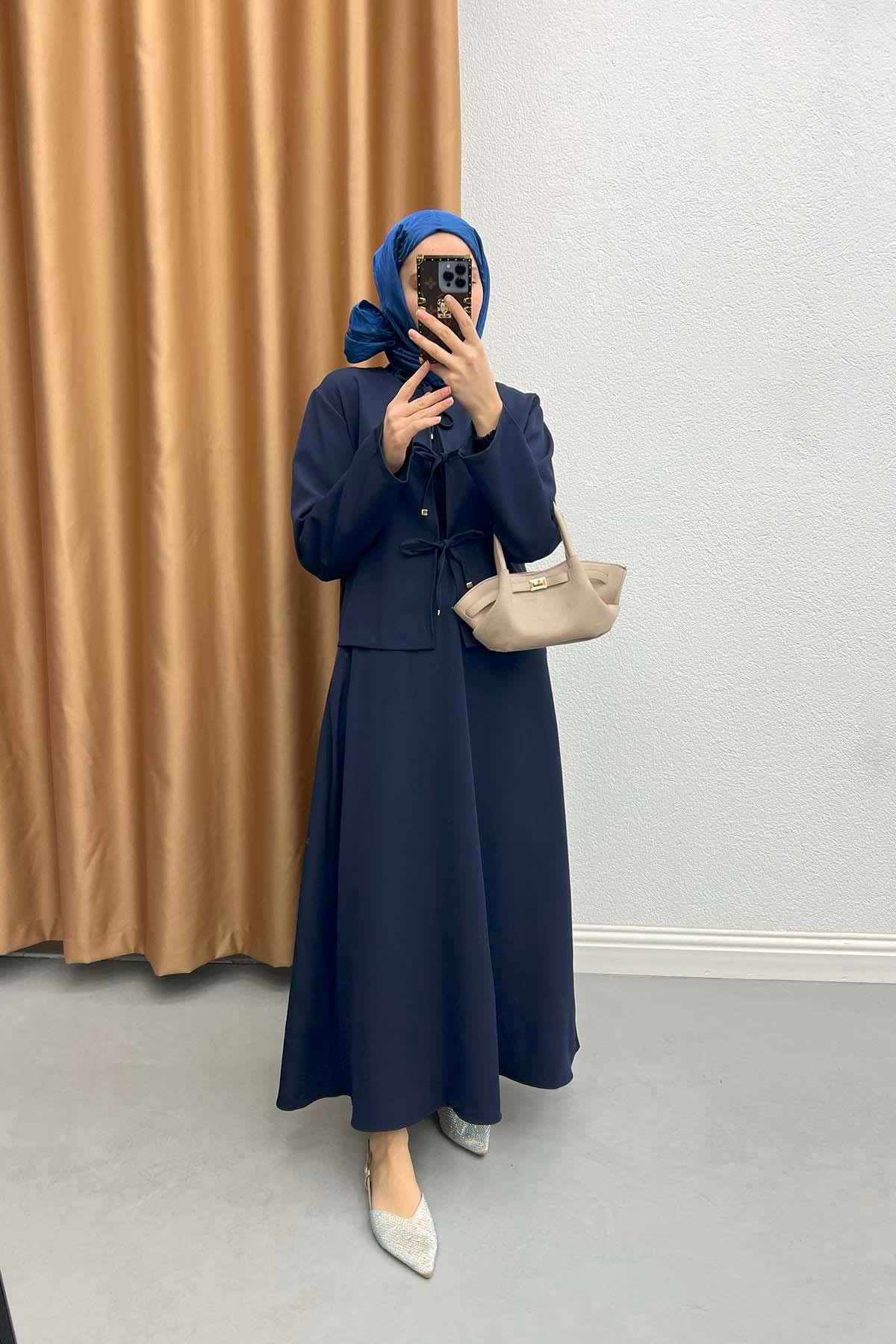 Tied Skirt Suit Navy Blue