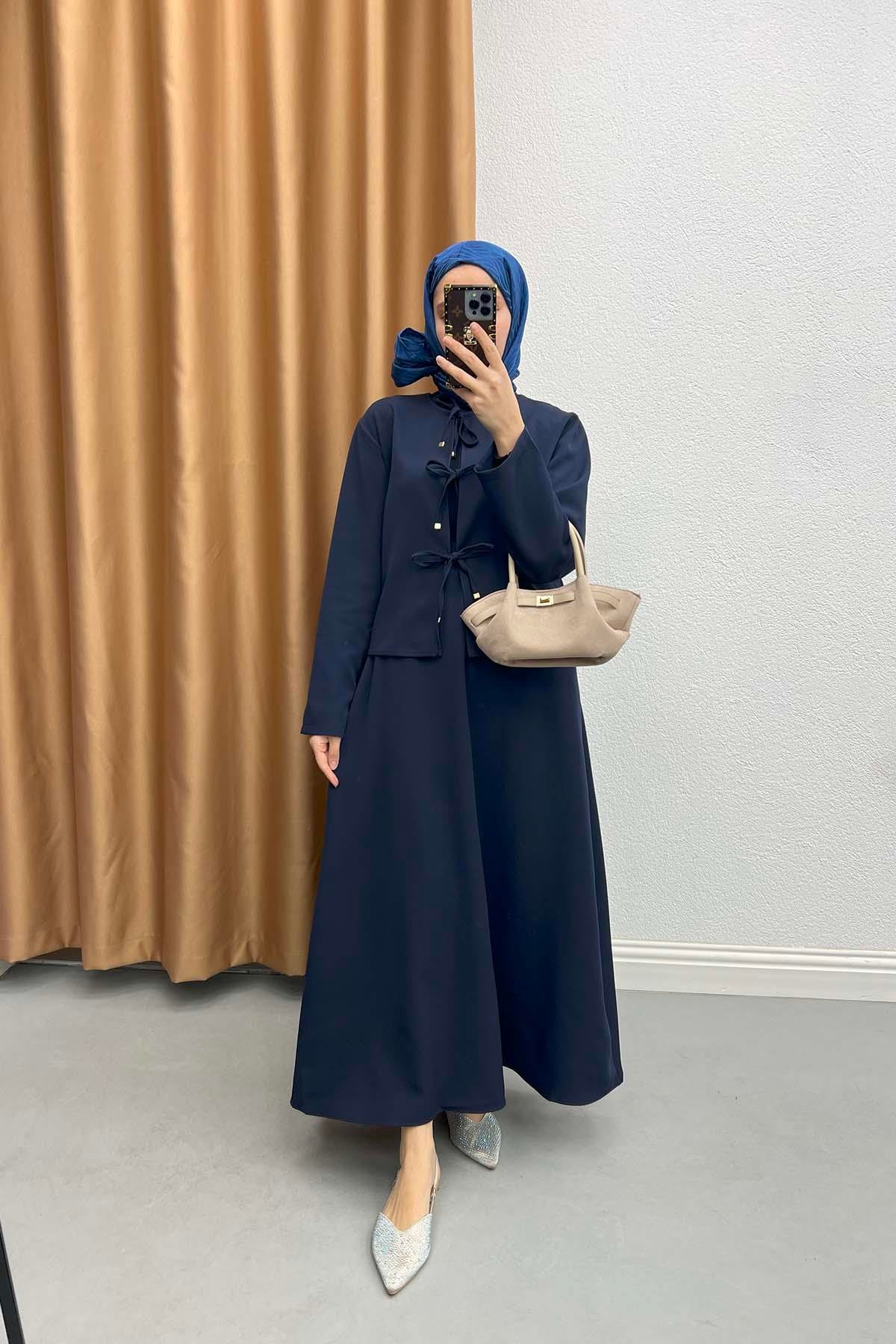 Tied Skirt Suit Navy Blue