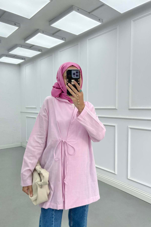 Sare Fashion Tied Linen Kimono Jacket Pink