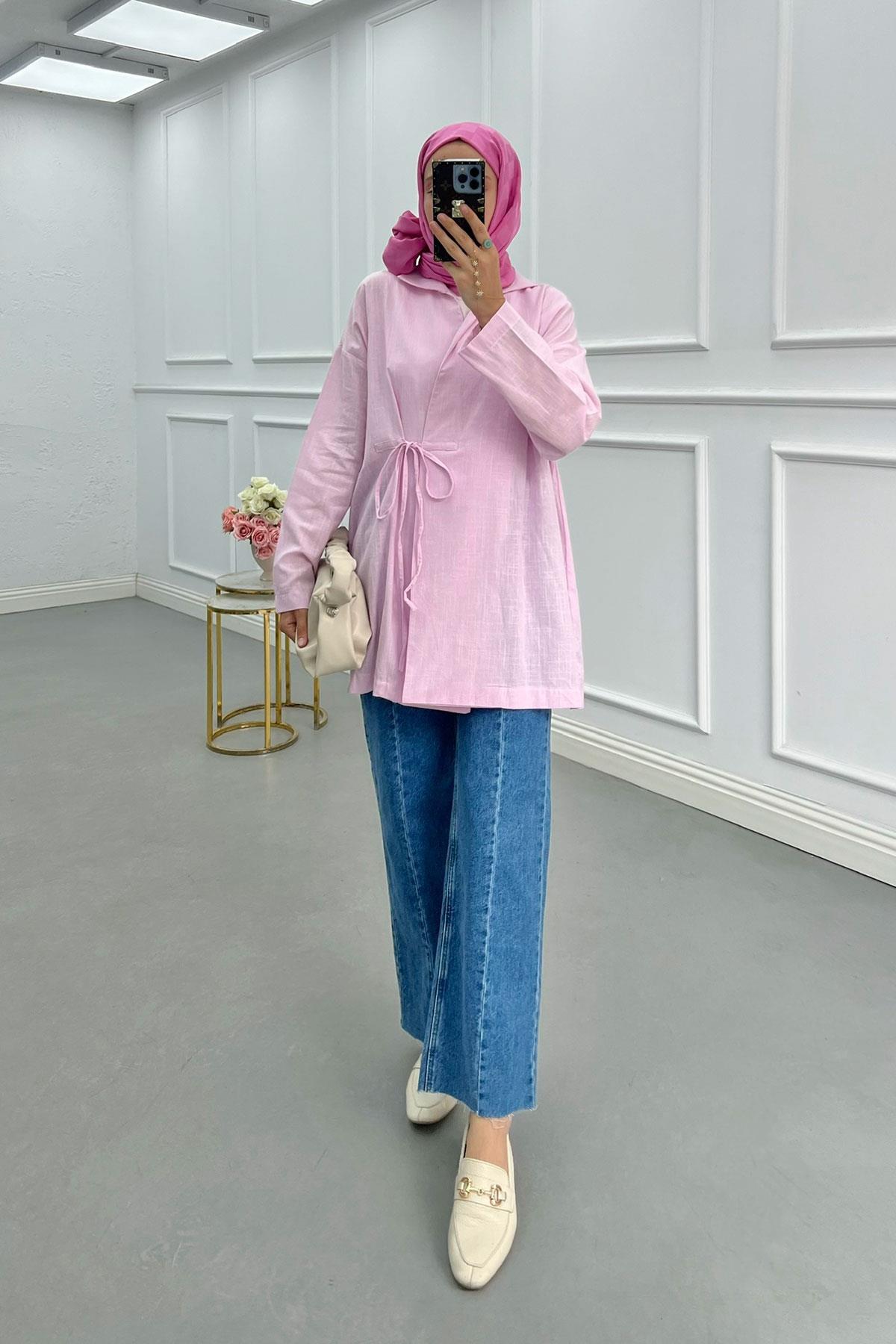 Sare Fashion Tied Linen Kimono Jacket Pink