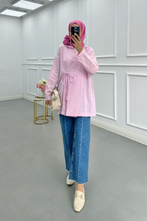 Sare Fashion Tied Linen Kimono Jacket Pink