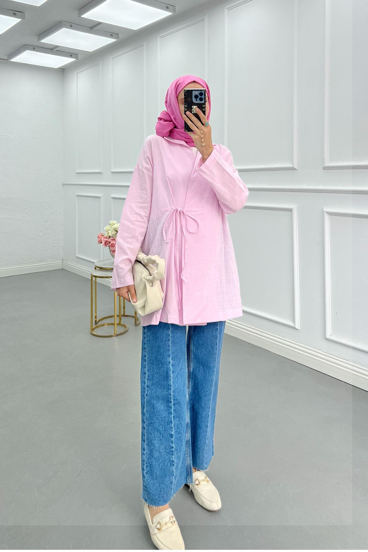 Sare Fashion Tied Linen Kimono Jacket Pink