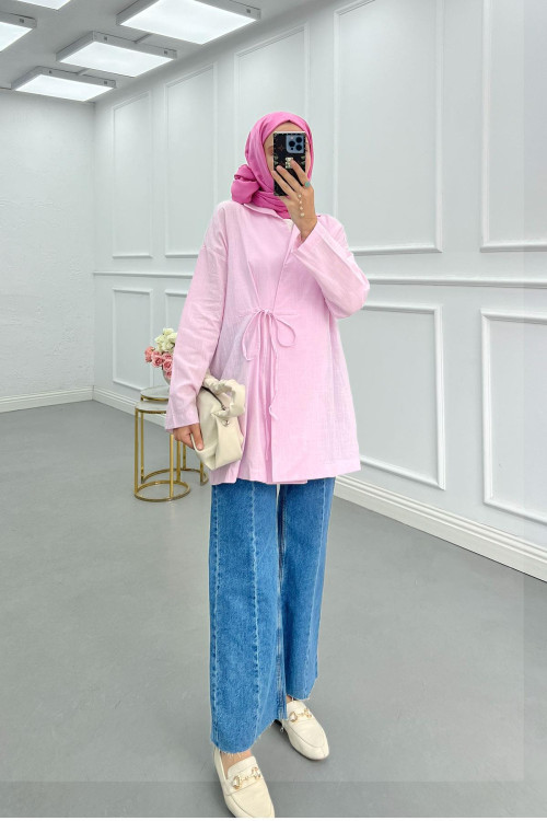 Sare Fashion Tied Linen Kimono Jacket Pink