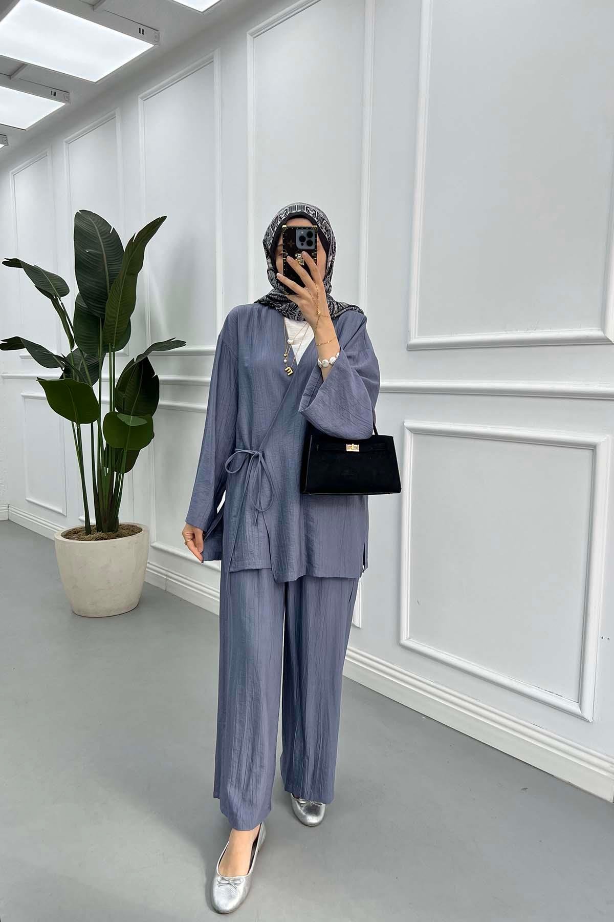 Sare Fashion Tied Kimono Strawberry Set Foggy Blue