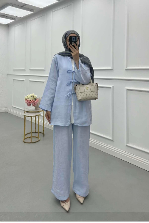 Sare Fashion Tied Muslin Set Baby Blue