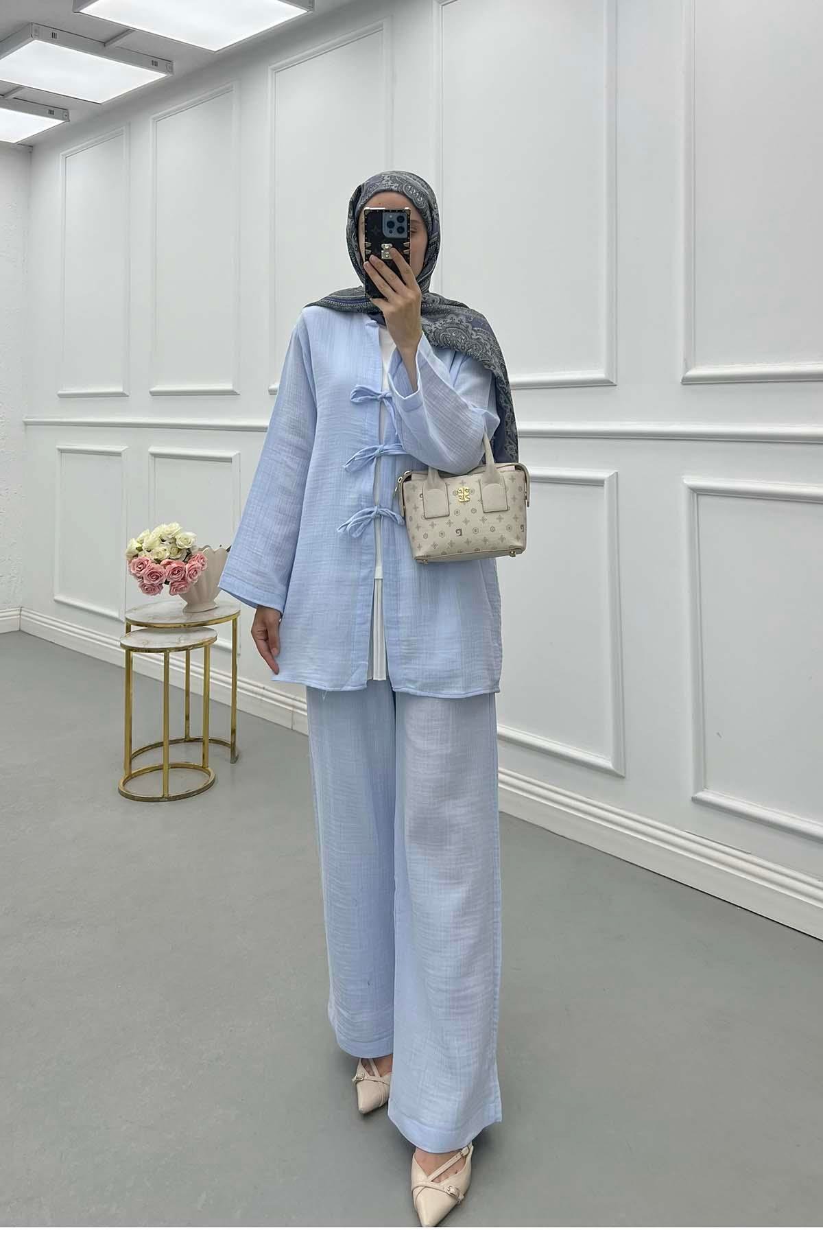 Sare Fashion Tied Muslin Set Baby Blue