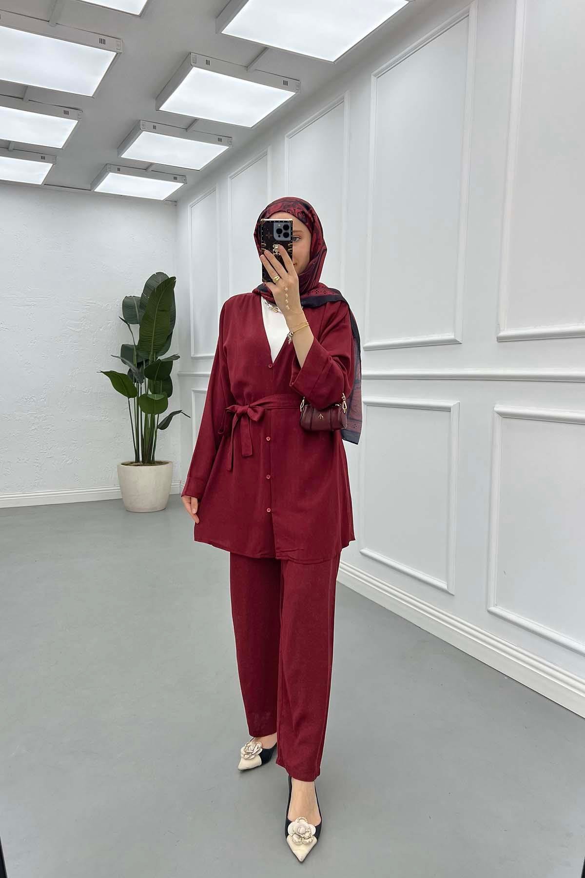Sare Fashion Tied Muslin Set Claret Red