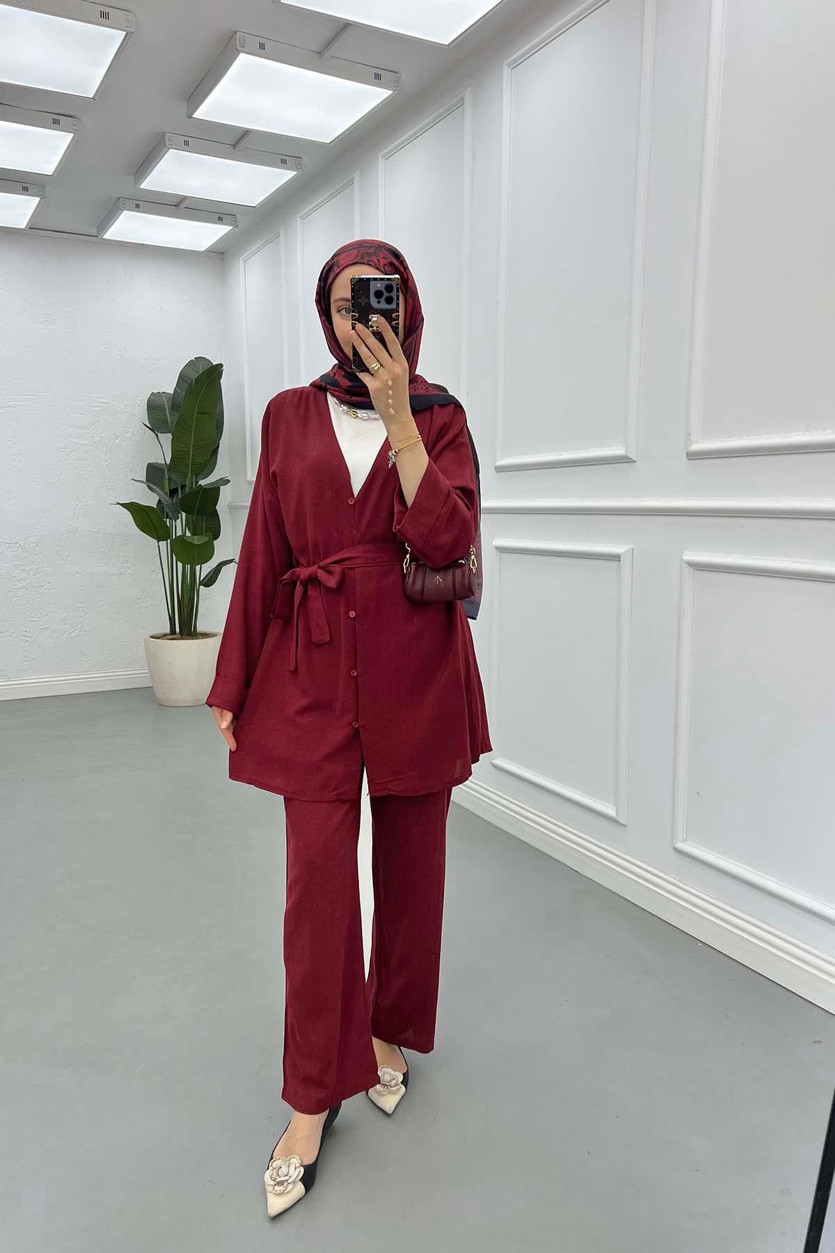 Sare Fashion Tied Muslin Set Claret Red