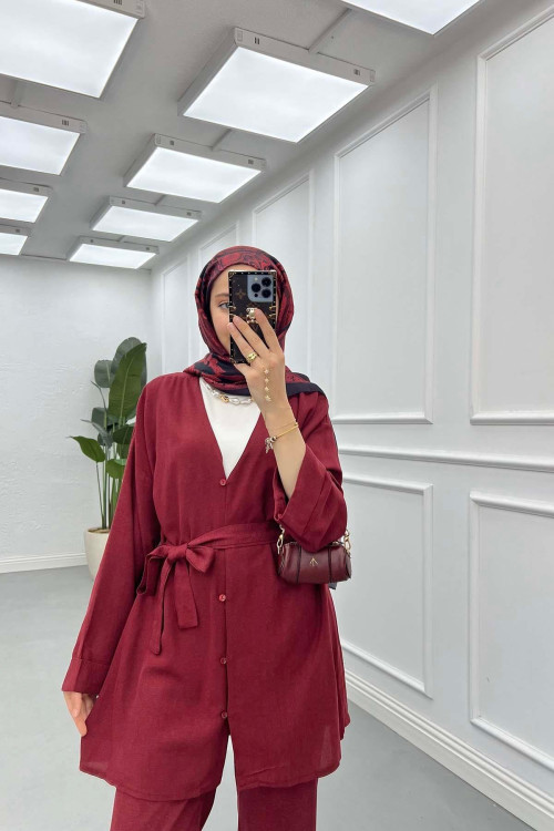 Sare Fashion Tied Muslin Set Claret Red