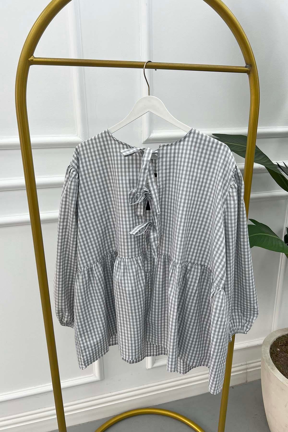 Tied Gingham Tunic Light Grey
