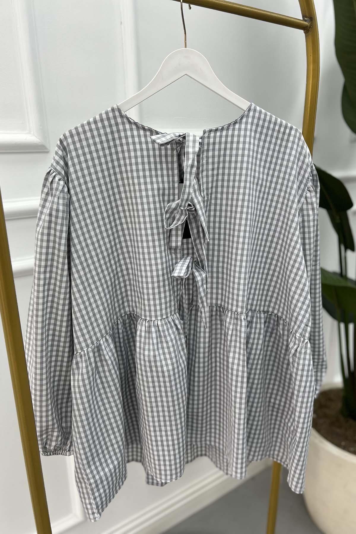 Tied Gingham Tunic Light Grey