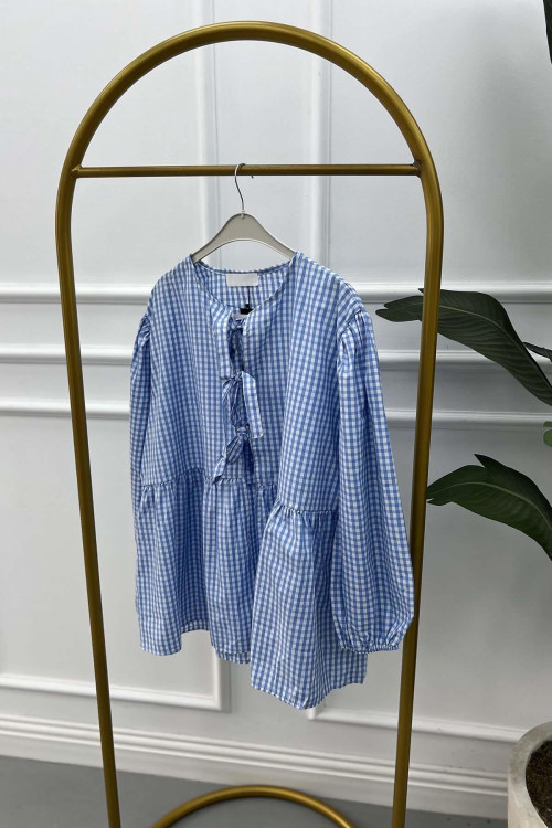 Tied Gingham Tunic Blue
