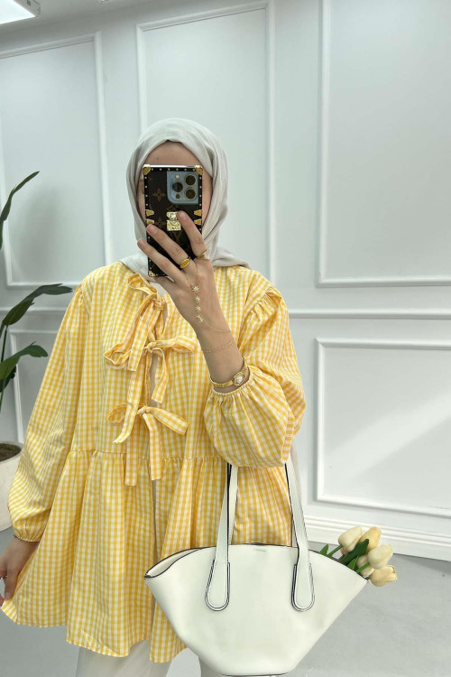Tied Gingham Tunic Yellow