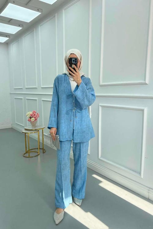 Sare Fashion Viral Tied Kimono Set Blue
