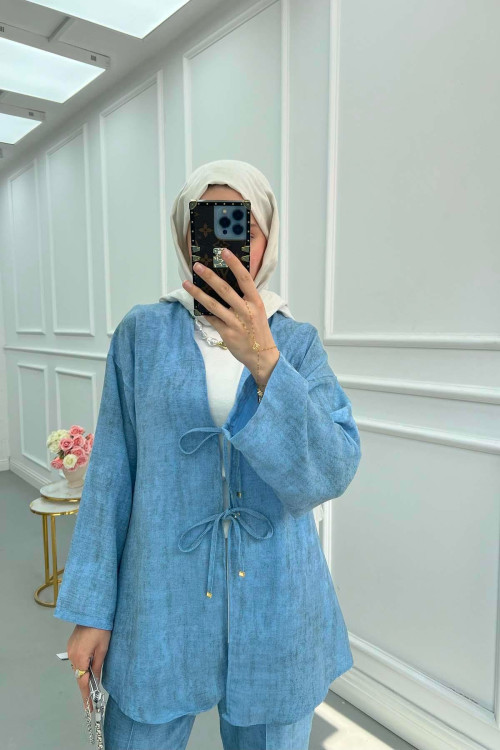 Sare Fashion Viral Tied Kimono Set Blue