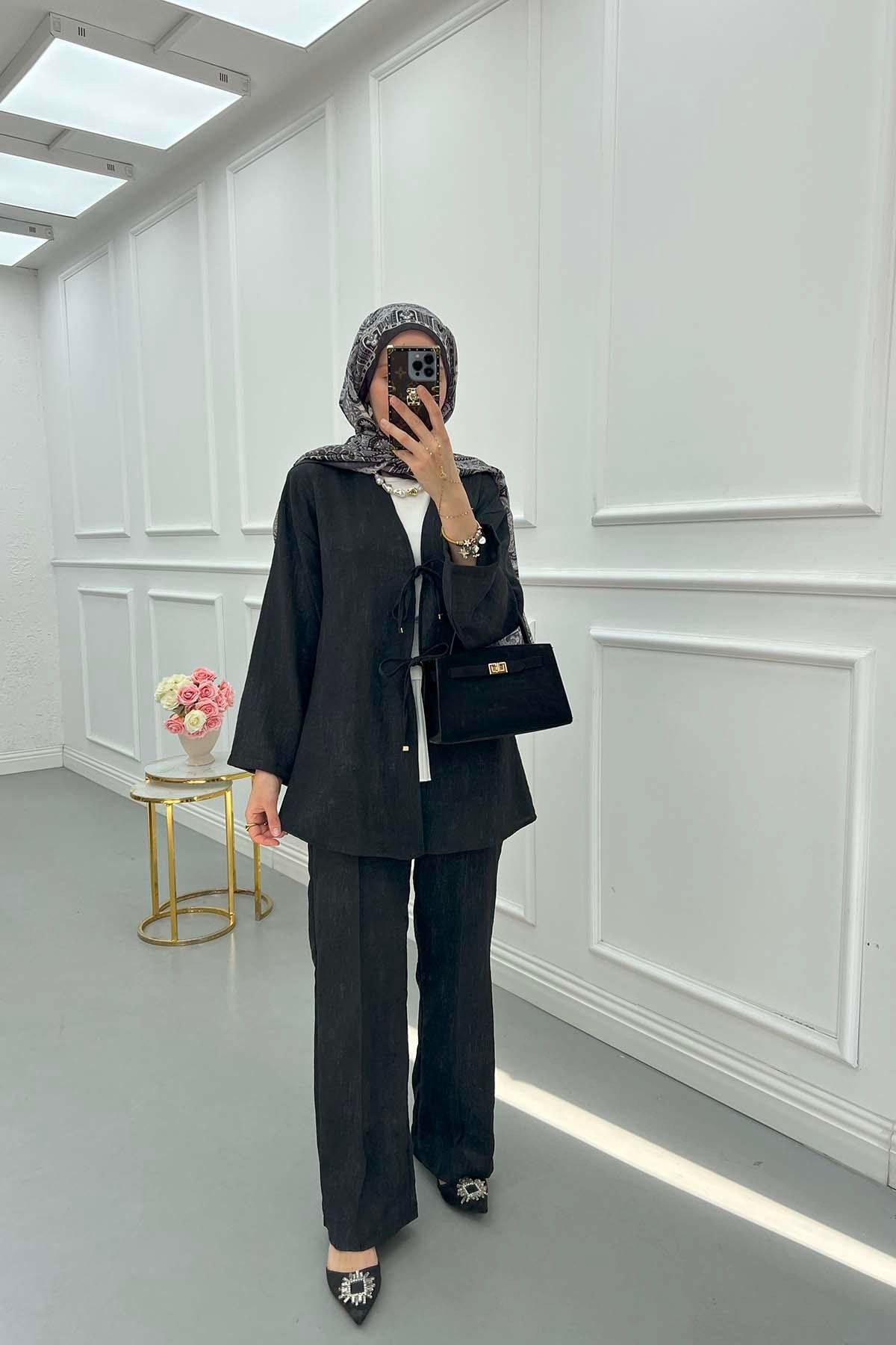 Sare Fashion Tied Viral Kimono Set Black