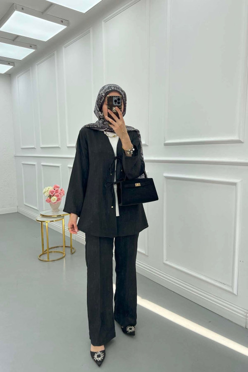 Sare Fashion Tied Viral Kimono Set Black