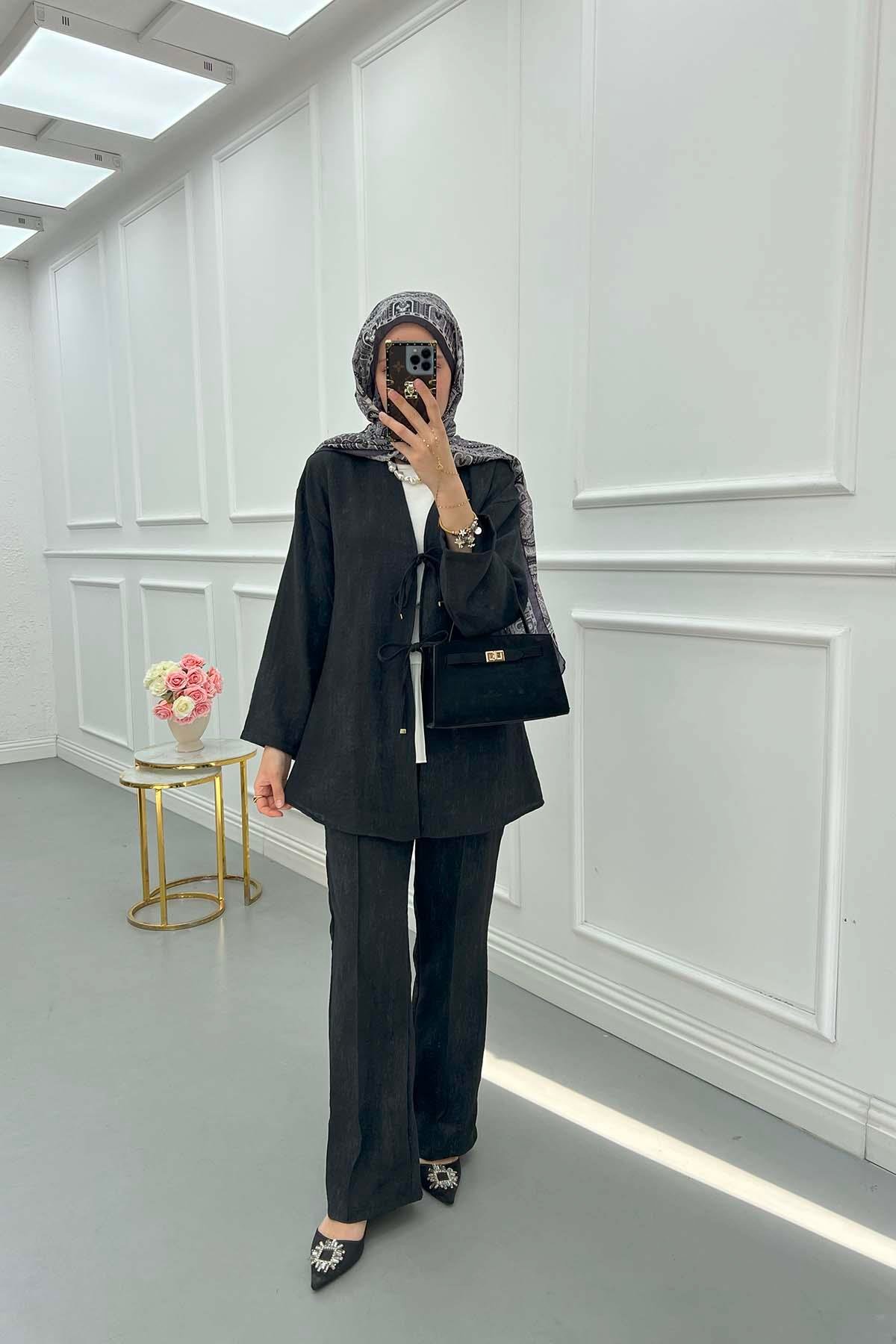 Sare Fashion Tied Viral Kimono Set Black
