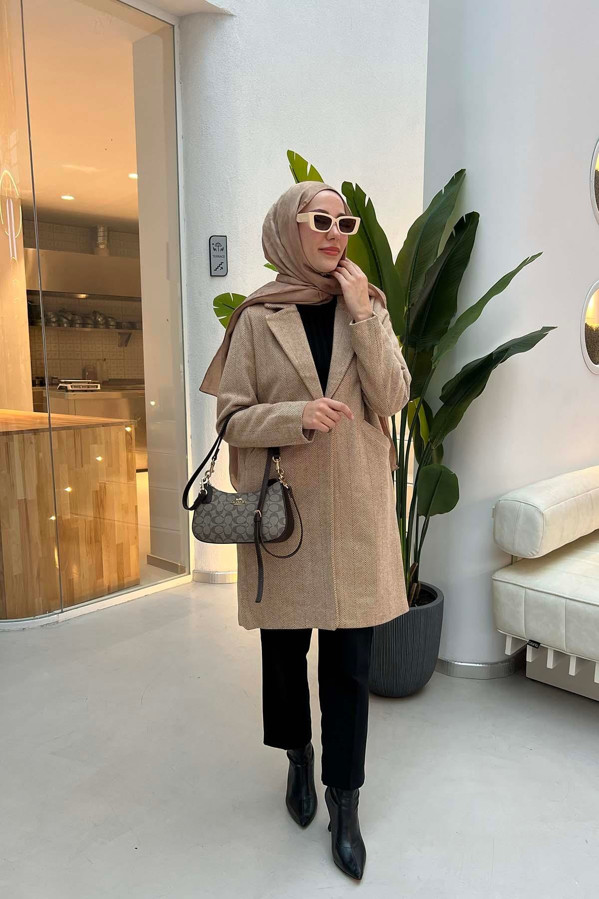 Sare Fashion Herringbone Coat, Coffee with Milk