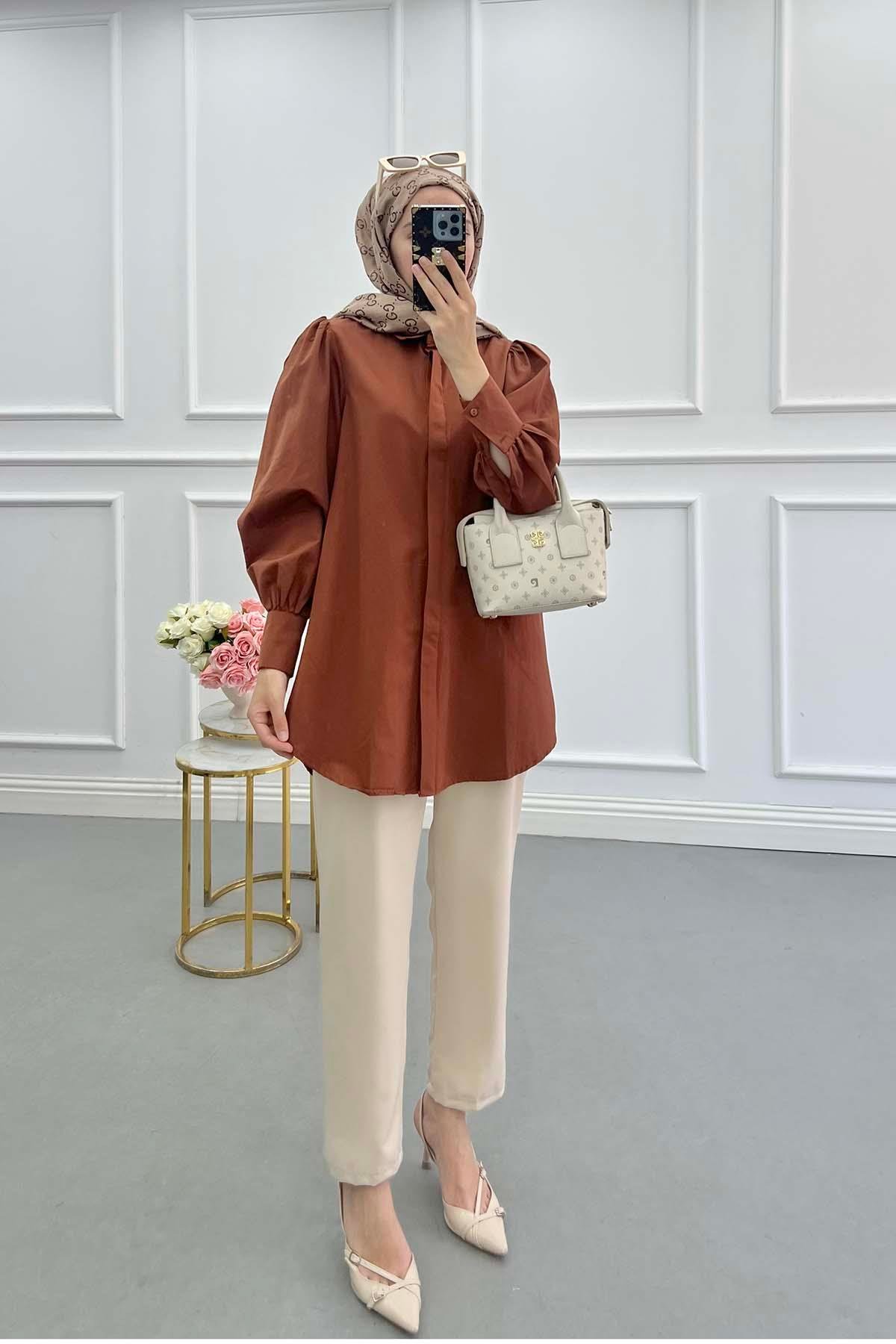 Sare Fashion Balloon Sleeve Basic Shirt Brown