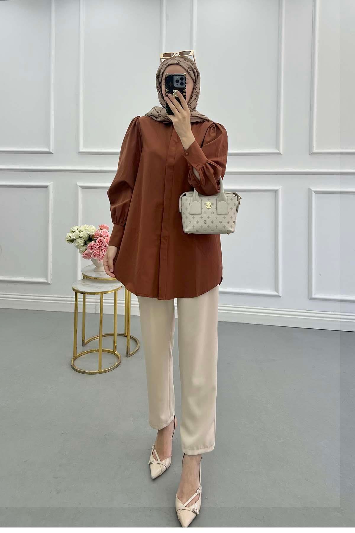 Sare Fashion Balloon Sleeve Basic Shirt Brown
