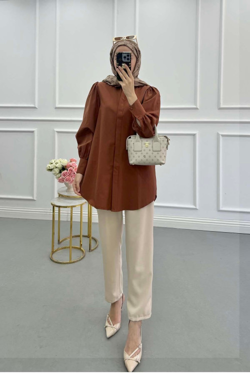 Sare Fashion Balloon Sleeve Basic Shirt Brown