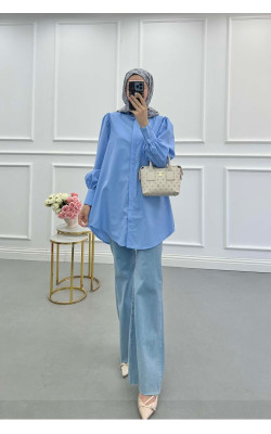 Sare Fashion Balloon Sleeve Basic Shirt Blue