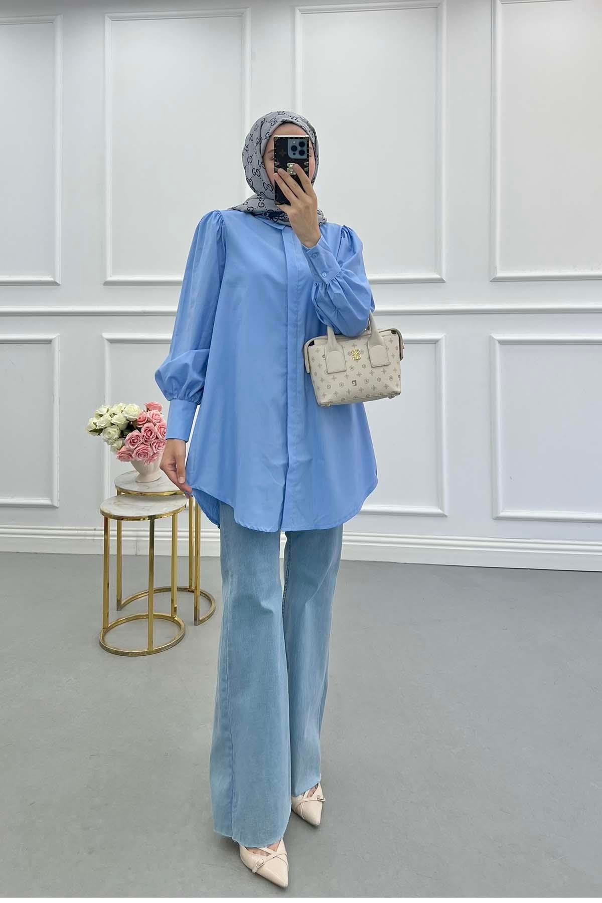 Sare Fashion Balloon Sleeve Basic Shirt Blue