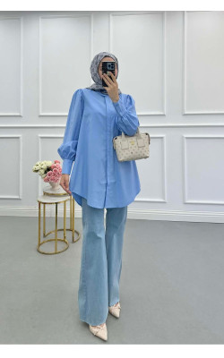Sare Fashion Balloon Sleeve Basic Shirt Blue