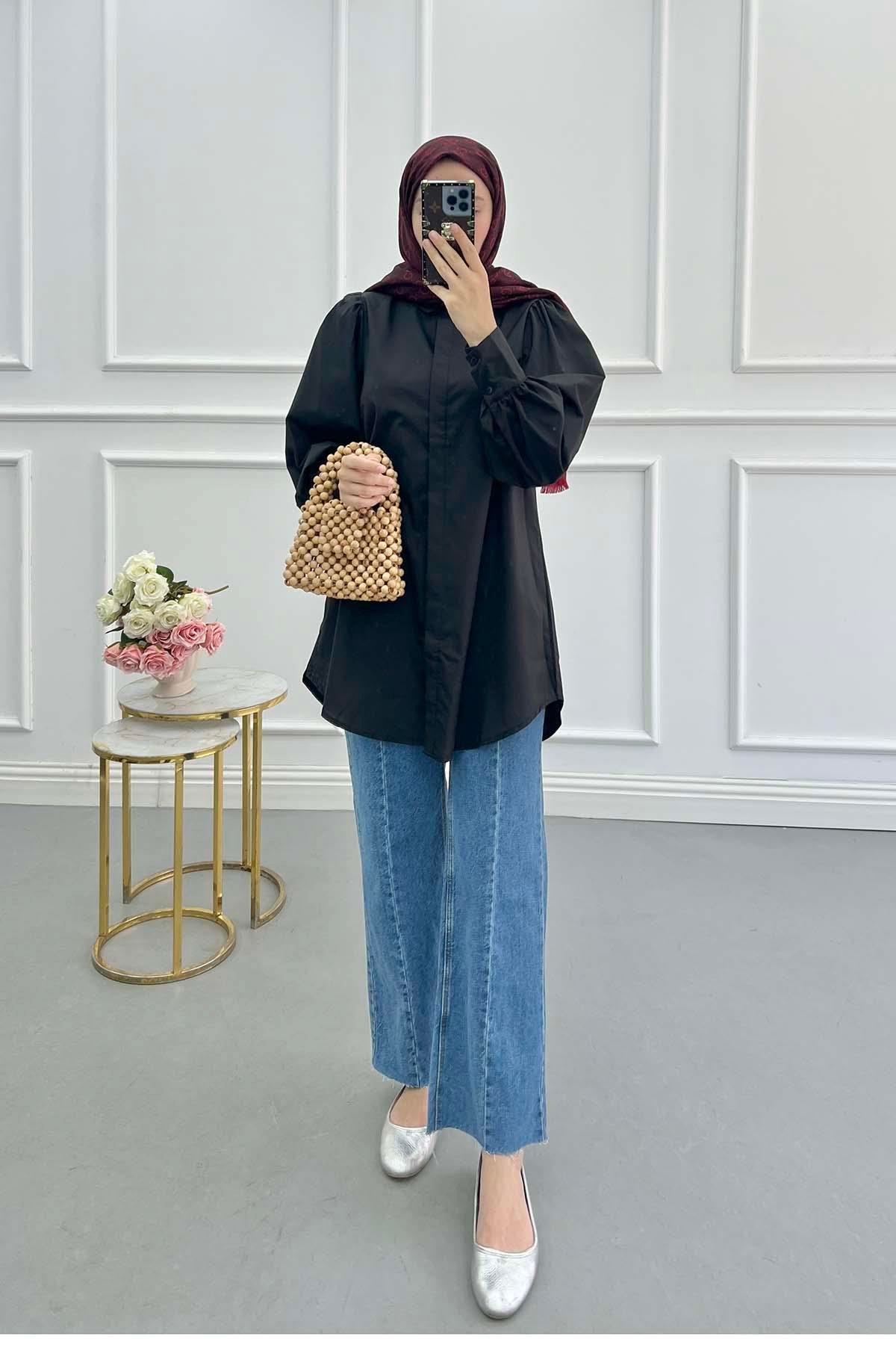 Sare Fashion Balloon Sleeve Basic Shirt Black